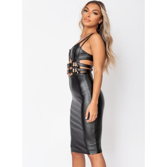 Vegan Leather Sleeveless Cutout Bodycon Midi Dress - Picture 4 of 8